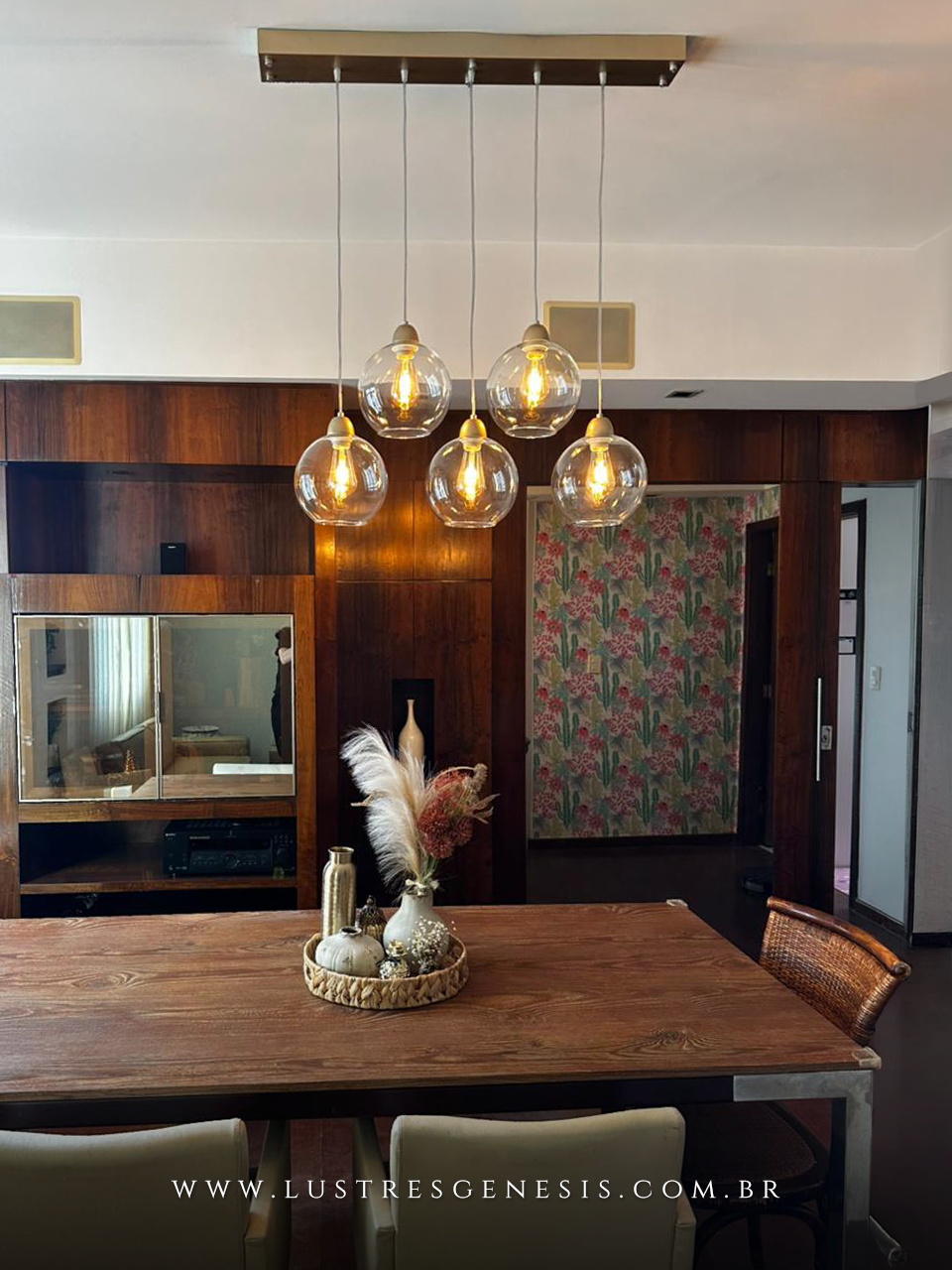 Luminária Pendente Vidro Transparente Dourado Para Sala de Estar e Jantar
